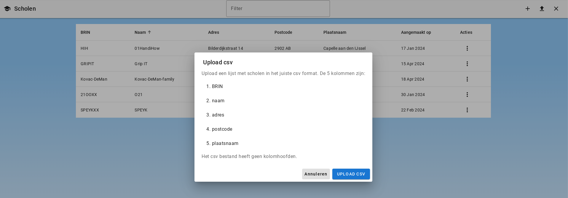 Caricamento scuole tramite csv